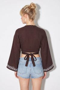Kadın Nakış İşlemeli Bağlama Detaylı Geniş Kollu Müslin Kimono Bluz 7014 60283386 - Acı Kahve BLUZ modelleri