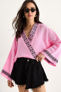 Kadın Nakış İşlemeli Bağlama Detaylı Geniş Kollu Müslin Kimono Bluz 7014 60283386 - Pembe
