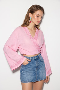 Kadın Nakış İşlemeli Bağlama Detaylı Geniş Kollu Müslin Kimono Bluz 7014 60283386 - Toz Pembe BLUZ modelleri