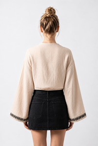 Kadın Nakış İşlemeli Bağlama Detaylı Geniş Kollu Müslin Kimono Bluz 7014 60283386 - Bej-Siyah BLUZ modelleri