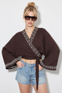 Kadın Nakış İşlemeli Bağlama Detaylı Geniş Kollu Müslin Kimono Bluz 7014 60283386 - Acı Kahve BLUZ modelleri
