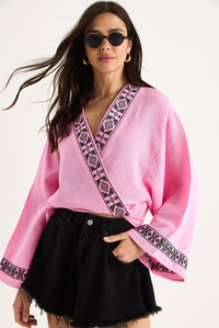 Kadın Nakış İşlemeli Bağlama Detaylı Geniş Kollu Müslin Kimono Bluz 7014 60283386 - Pembe