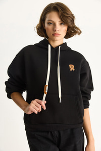 Kadın Nakış İşlemeli Kanguru Cepli Kapüşonlu Şardonlu Salaş Sweatshirt 6872 60283523 - Siyah SWEATSHİRT modelleri