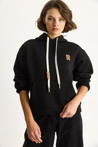 Kadın Nakış İşlemeli Kanguru Cepli Kapüşonlu Şardonlu Salaş Sweatshirt 6872 60283523 - Siyah SWEATSHİRT modelleri