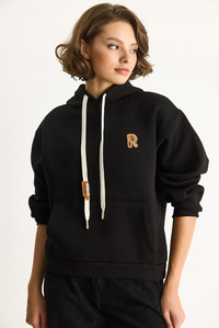 Kadın Nakış İşlemeli Kanguru Cepli Kapüşonlu Şardonlu Salaş Sweatshirt 6872 60283523 - Siyah SWEATSHİRT modelleri