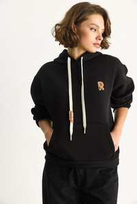 Kadın Nakış İşlemeli Kanguru Cepli Kapüşonlu Şardonlu Salaş Sweatshirt 6872 60283523 - Siyah SWEATSHİRT modelleri