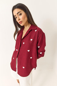 Kadın Nakış Kalp İşlemeli Oversize Gömlek 60251090 - Bordo