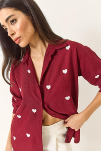 Kadın Nakış Kalp İşlemeli Oversize Gömlek 60251090 - Bordo