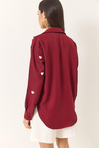 Kadın Nakış Kalp İşlemeli Oversize Gömlek 60251090 - Bordo
