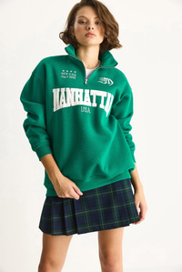 Kadın Nakışlı Yarım Fermuarlı Polo Yaka Şardonlu Oversize Sweatshirt 10002 60283528 - Yeşil SWEATSHİRT modelleri