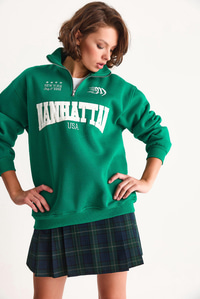 Kadın Nakışlı Yarım Fermuarlı Polo Yaka Şardonlu Oversize Sweatshirt 10002 60283528 - Yeşil SWEATSHİRT modelleri