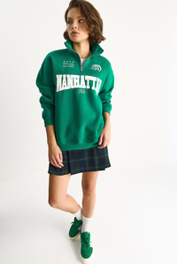 Kadın Nakışlı Yarım Fermuarlı Polo Yaka Şardonlu Oversize Sweatshirt 10002 60283528 - Yeşil SWEATSHİRT modelleri
