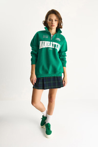 Kadın Nakışlı Yarım Fermuarlı Polo Yaka Şardonlu Oversize Sweatshirt 10002 60283528 - Yeşil SWEATSHİRT modelleri