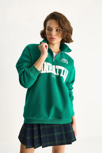 Kadın Nakışlı Yarım Fermuarlı Polo Yaka Şardonlu Oversize Sweatshirt 10002 60283528 - Yeşil SWEATSHİRT modelleri