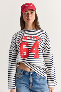 Kadın New York 64 Baskılı Çizgili Bisiklet Yaka Oversize Sweatshirt 36074 60286739 - Ekru-Lacivert SWEATSHİRT modelleri
