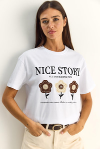 Kadın Nice Story Yazı ve Nakış Detaylı Relaxed Fit T-Shirt 7635 60286116 - Beyaz T-SHİRT modelleri