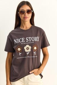 Kadın Nice Story Yazı ve Nakış Detaylı Relaxed Fit T-Shirt 7635 60286116 - Kahverengi T-SHİRT modelleri