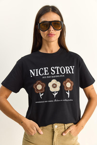 Kadın Nice Story Yazı ve Nakış Detaylı Relaxed Fit T-Shirt 7635 60286116 - Siyah T-SHİRT modelleri