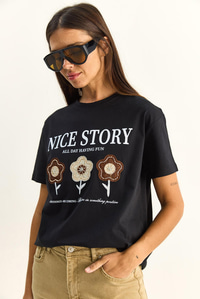 Kadın Nice Story Yazı ve Nakış Detaylı Relaxed Fit T-Shirt 7635 60286116 - Siyah T-SHİRT modelleri