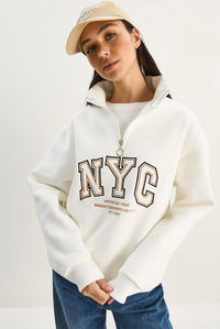 Kadın NYC Nakış İşlemeli Yakası Fermuarlı Üç İplik Şardonlu Oversize Sweatshirt 60283767 - Beyaz SWEATSHİRT modelleri