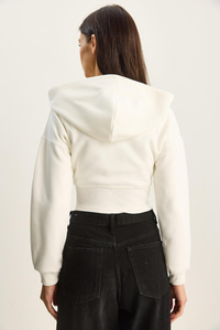 Kadın NYC Nakışlı Üç İplik Şardonlu Kapüşonlu Crop Hırka 6942 60283794 - Beyaz HIRKA modelleri