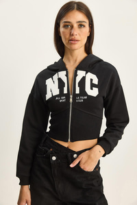 Kadın NYC Nakışlı Üç İplik Şardonlu Kapüşonlu Crop Hırka 6942 60283794 - Siyah HIRKA modelleri