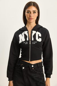 Kadın NYC Nakışlı Üç İplik Şardonlu Kapüşonlu Crop Hırka 6942 60283794 - Siyah HIRKA modelleri