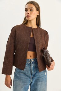 Kadın O Yaka Önü Açık Kendinden Dokulu Astarlı Ceket 0488 60283670 - Kahverengi CEKET modelleri