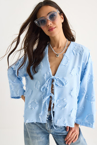 Kadın Önü Bağlamalı Kendinden Nakışlı Püsküllü Salaş Kimono 7012-2 60283410 - Bebe Mavisi