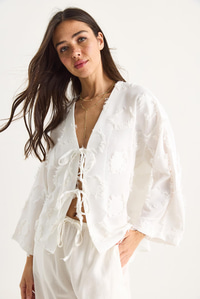 Kadın Önü Bağlamalı Kendinden Nakışlı Püsküllü Salaş Kimono 7012-2 60283410 - Ekru