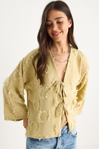 Kadın Önü Bağlamalı Kendinden Nakışlı Püsküllü Salaş Kimono 7012-2 60283410 - Çağla Yeşili