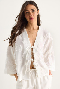 Kadın Önü Bağlamalı Kendinden Nakışlı Püsküllü Salaş Kimono 7012-2 60283410 - Ekru