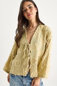 Kadın Önü Bağlamalı Kendinden Nakışlı Püsküllü Salaş Kimono 7012-2 60283410 - Çağla Yeşili