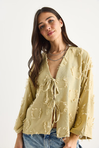 Kadın Önü Bağlamalı Kendinden Nakışlı Püsküllü Salaş Kimono 7012-2 60283410 - Çağla Yeşili
