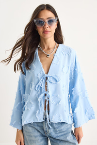 Kadın Önü Bağlamalı Kendinden Nakışlı Püsküllü Salaş Kimono 7012-2 60283410 - Bebe Mavisi