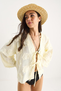 Kadın Önü Bağlamalı Kendinden Nakışlı Püsküllü Salaş Kimono 7012-2 60283410 - Tereyağ