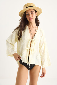 Kadın Önü Bağlamalı Kendinden Nakışlı Püsküllü Salaş Kimono 7012-2 60283410 - Tereyağ