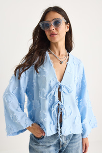 Kadın Önü Bağlamalı Kendinden Nakışlı Püsküllü Salaş Kimono 7012-2 60283410 - Bebe Mavisi