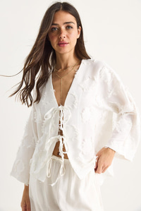 Kadın Önü Bağlamalı Kendinden Nakışlı Püsküllü Salaş Kimono 7012-2 60283410 - Ekru