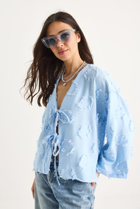 Kadın Önü Bağlamalı Kendinden Nakışlı Püsküllü Salaş Kimono 7012-2 60283410 - Bebe Mavisi