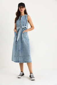 Kadın Önü Fermuarlı Torba Cepli Kuşaklı Denim Elbise 60283439 - Buz Mavisi