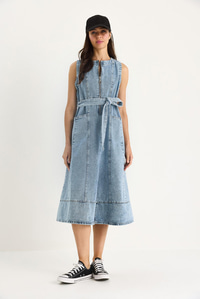 Kadın Önü Fermuarlı Torba Cepli Kuşaklı Denim Elbise 60283439 - Buz Mavisi