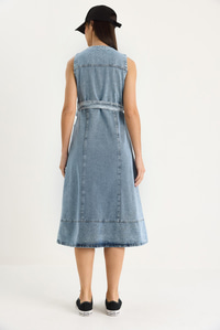 Kadın Önü Fermuarlı Torba Cepli Kuşaklı Denim Elbise 60283439 - Buz Mavisi