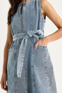 Kadın Önü Fermuarlı Torba Cepli Kuşaklı Denim Elbise 60283439 - Buz Mavisi