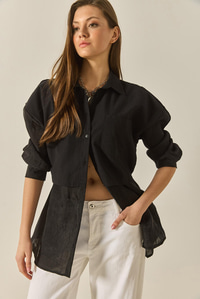 Kadın Organze Tül Detaylı Oversize Gömlek 60502 60283263 - Siyah