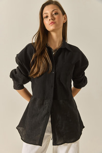 Kadın Organze Tül Detaylı Oversize Gömlek 60502 60283263 - Siyah