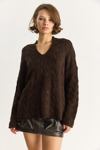 Kadın Oval Yaka Saç Örgü Oversize Triko Kazak TK241277 60284091 - Kahve KAZAK modelleri