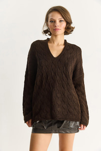 Kadın Oval Yaka Saç Örgü Oversize Triko Kazak TK241277 60284091 - Kahve KAZAK modelleri