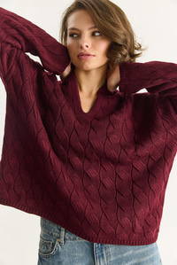 Kadın Oval Yaka Saç Örgü Oversize Triko Kazak TK241277 60284091 - Bordo KAZAK modelleri