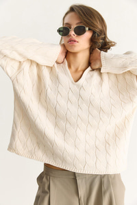 Kadın Oval Yaka Saç Örgü Oversize Triko Kazak TK241277 60284091 - Krem KAZAK modelleri
